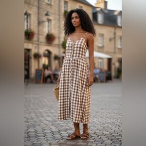a new day Brown & White Gingham Button-Front Maxi Dress